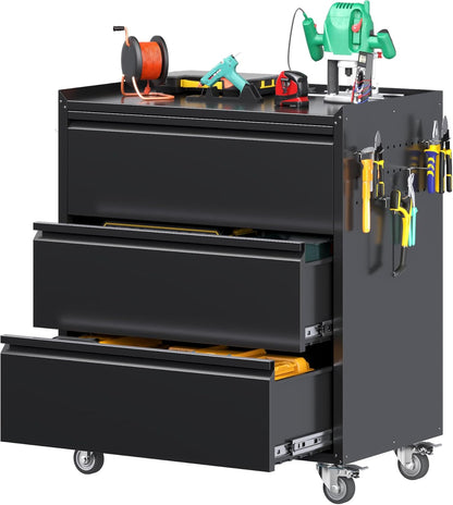 Mobile Tool Chest with 3 Drawers & Workbench Top - Rolling Garage Cabinet with Wheels