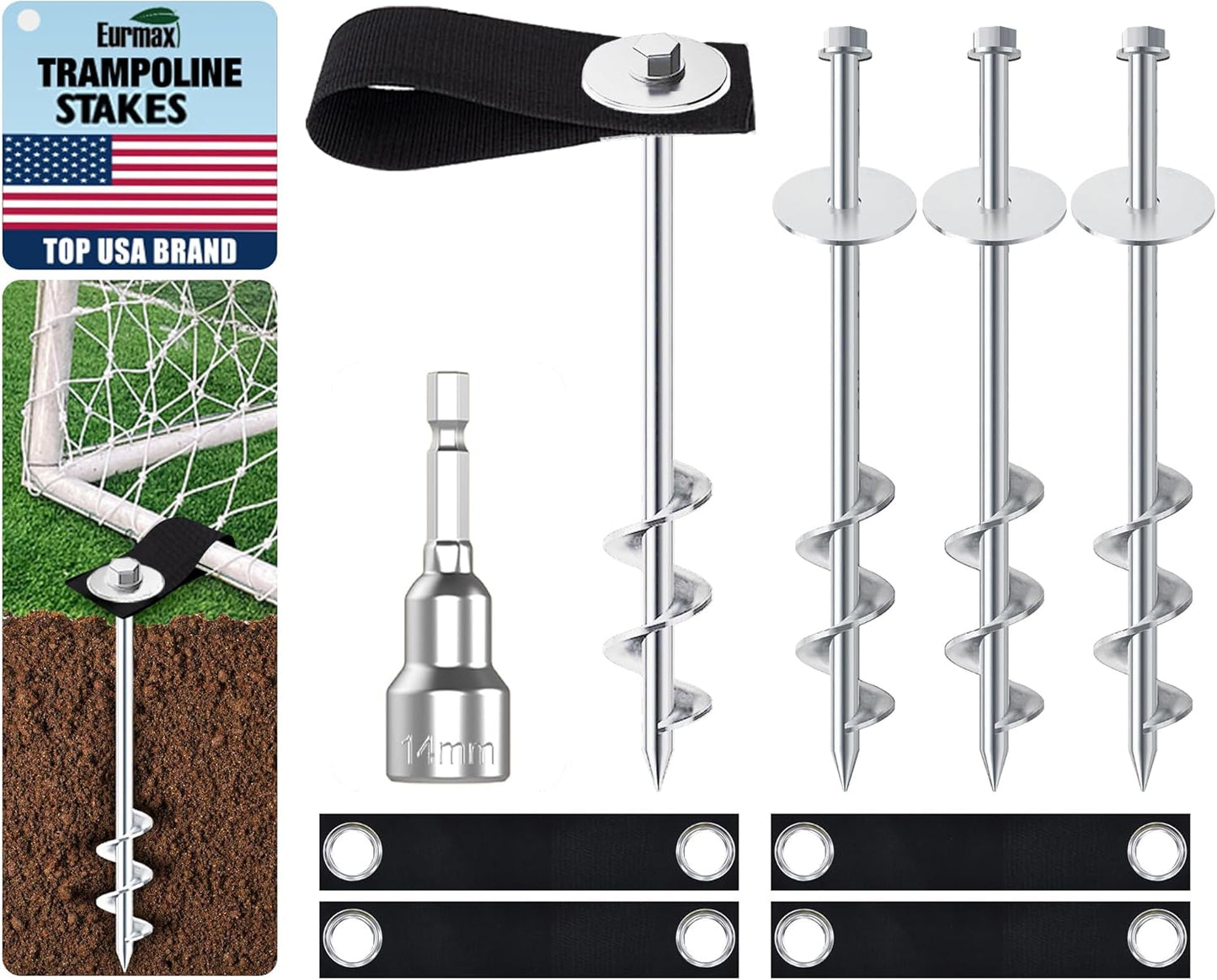 USA Ground Anchors Screw in Trampoline Anchors High Wind Tent Stakes Heavy Duty Ground Stakes Trampoline Stakes Anchor Kit Set of 4 Bonus 4 Strong Belt (Silver)