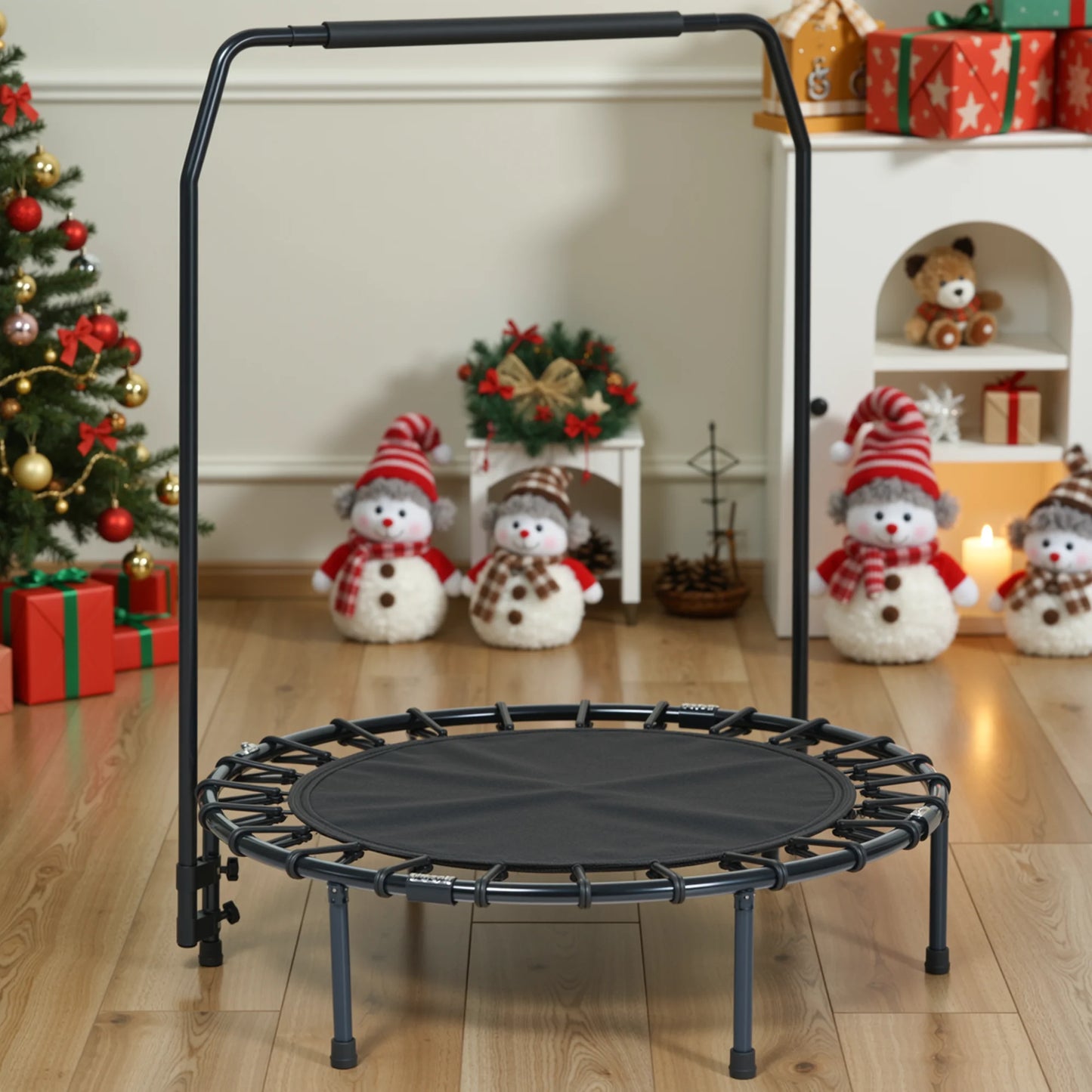 2 in 1 Circular Trampoline 40In Fitness Trampoline with 24 Bungees Adjustable Foam Handle Exercise Trampoline for Family Adults Indoor Outdoor Workout Black Gifts for Dad