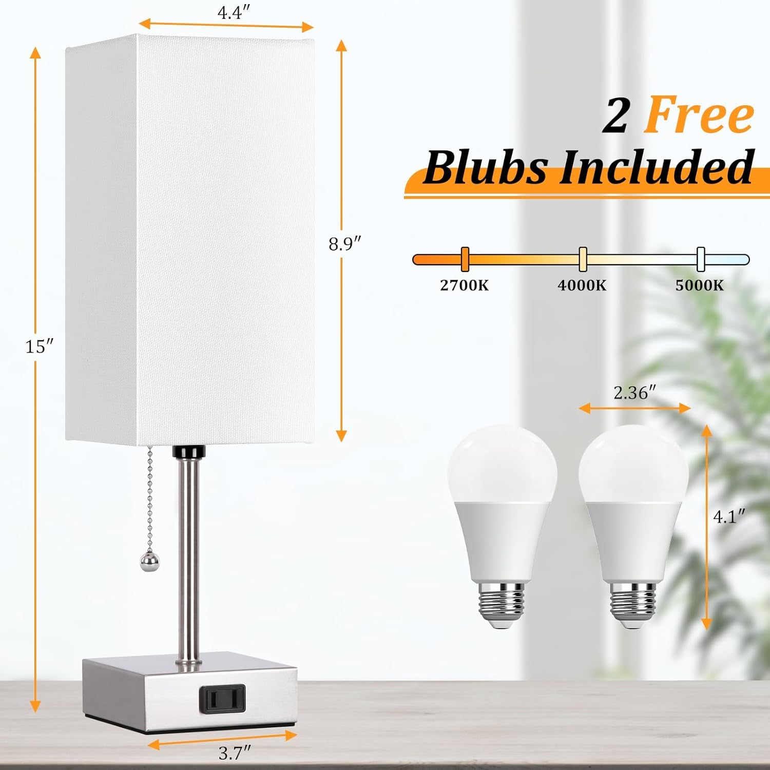 Touch Control Bedside Lamp, 3 Way Dimmable Nightstand Lamp with 2 USB Ports & AC Outlet, Modern Style, White Fabric Shade