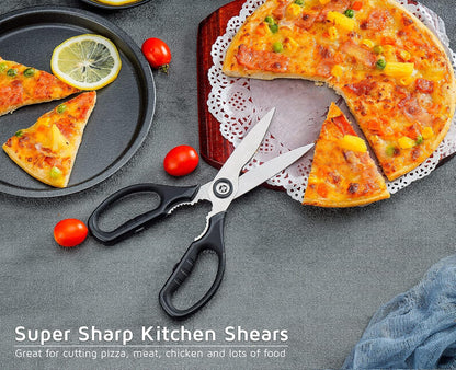 Multifunction Kitchen Scissors 2-Piece Set , Heavy Duty Food Shears for Chicken Meat Vegetable Fish Herb Poultry Stainless Steel Cooking Scissors with Comfortable Handle (Black)