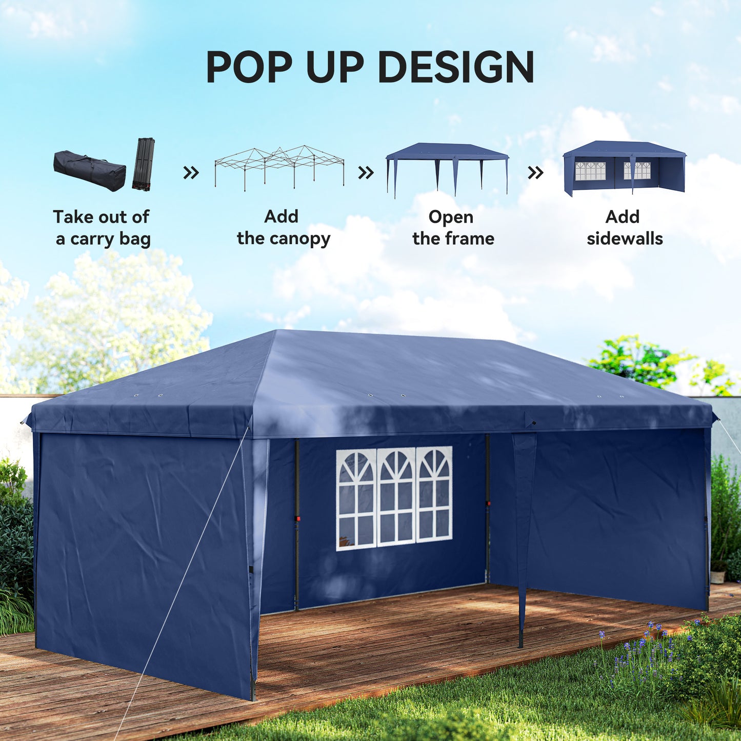 10' x 20' Pop Up Canopy Tent with 4 Sidewalls - Instant Gazebo Shelter with Carry Bag - Blue