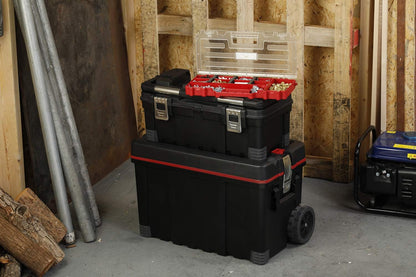 Mobile Hawk Cart and Stackable Tool Box System and Organizer with Telescopic Comfort Grip Handle - Perfect Organization and Storage Chest for Power Drill, Tape Measure, and Small Parts