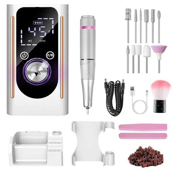 Portable Electric Nail Drill 45000 RPM - Rechargeable Manicure Kit with 11 Bits