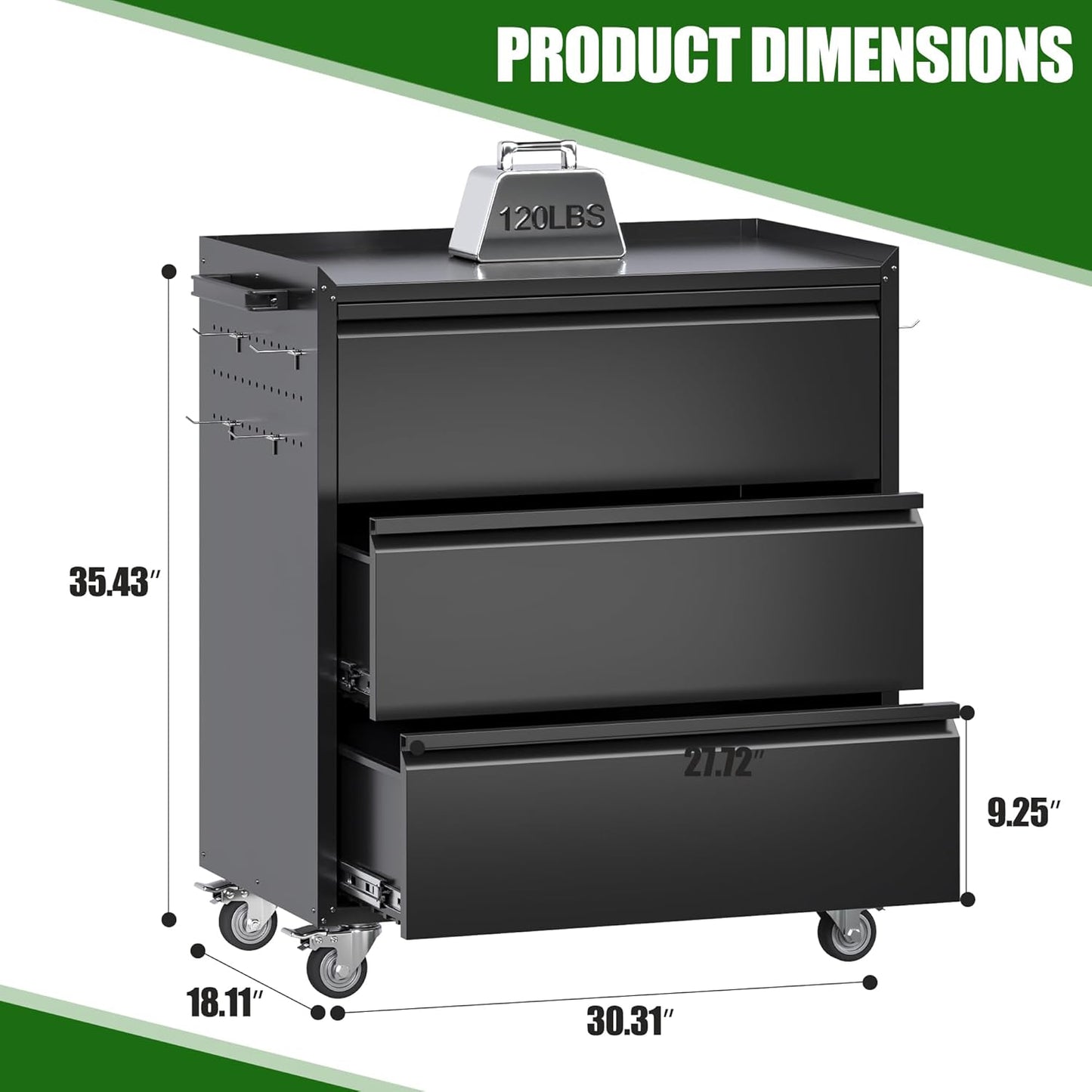 Mobile Tool Chest with 3 Drawers & Workbench Top - Rolling Garage Cabinet with Wheels