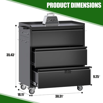 Mobile Tool Chest with 3 Drawers & Workbench Top - Rolling Garage Cabinet with Wheels