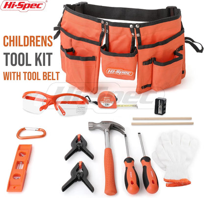 16Pc Orange Kids Tool Kit Set & Child Size Tool Belt. Real Kit for DIY Building, Woodwork & Construction Learning for Kids