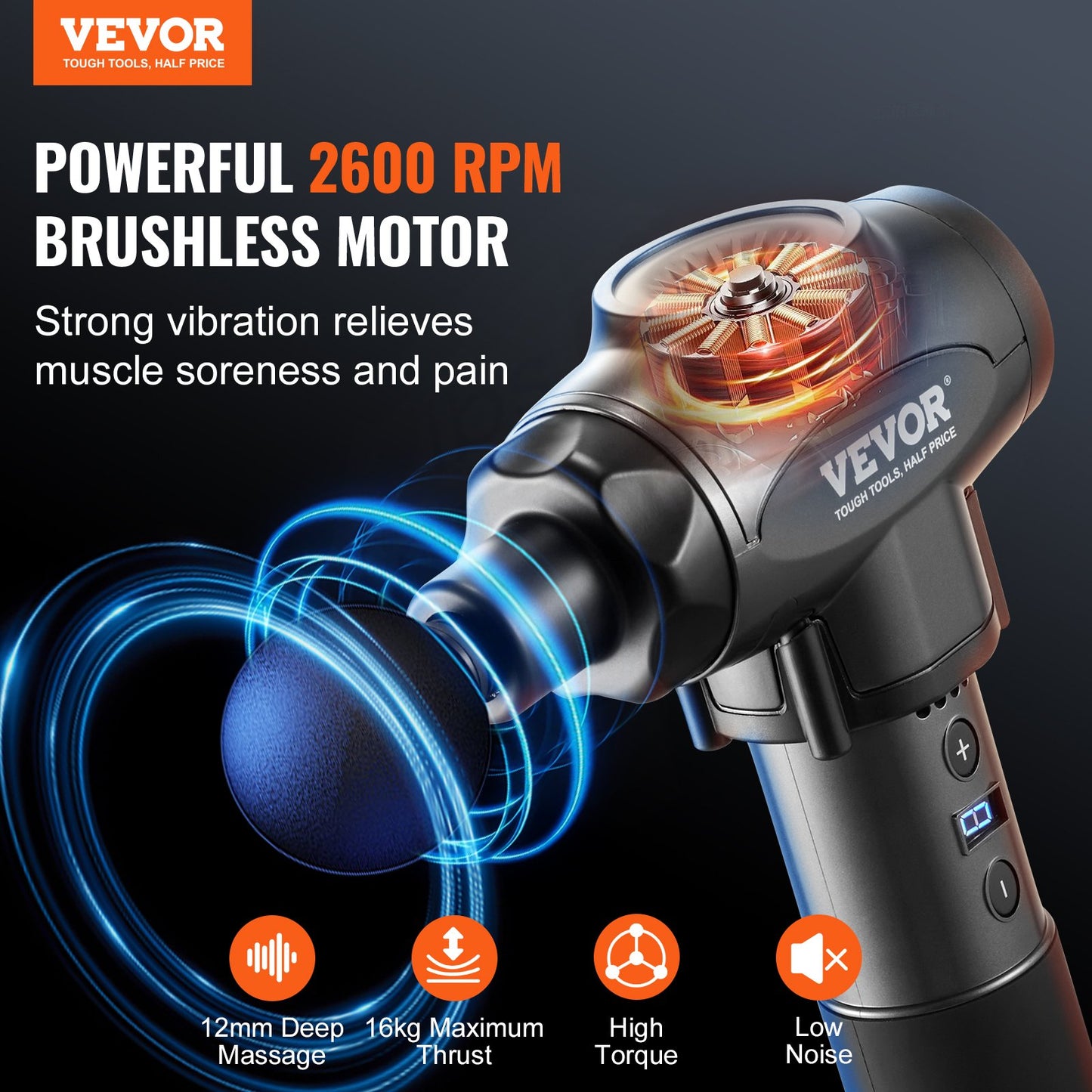 VEVOR Massage Gun - Deep Tissue Percussion Massager | 9 Speeds & 6 Heads