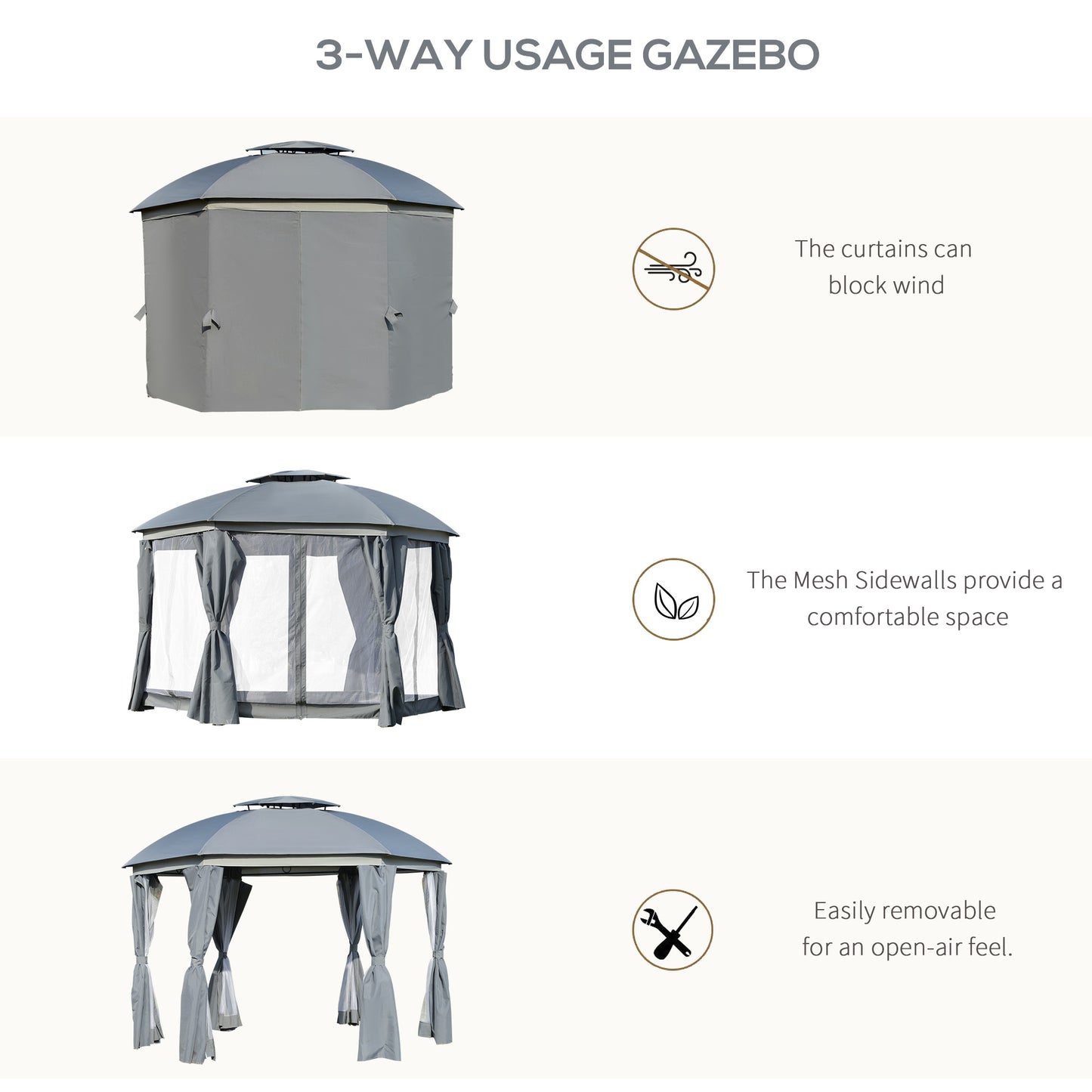 12' x 12' Round Outdoor Gazebo - Dome Canopy Shelter with Double Roof, Netting & Curtains - Grey