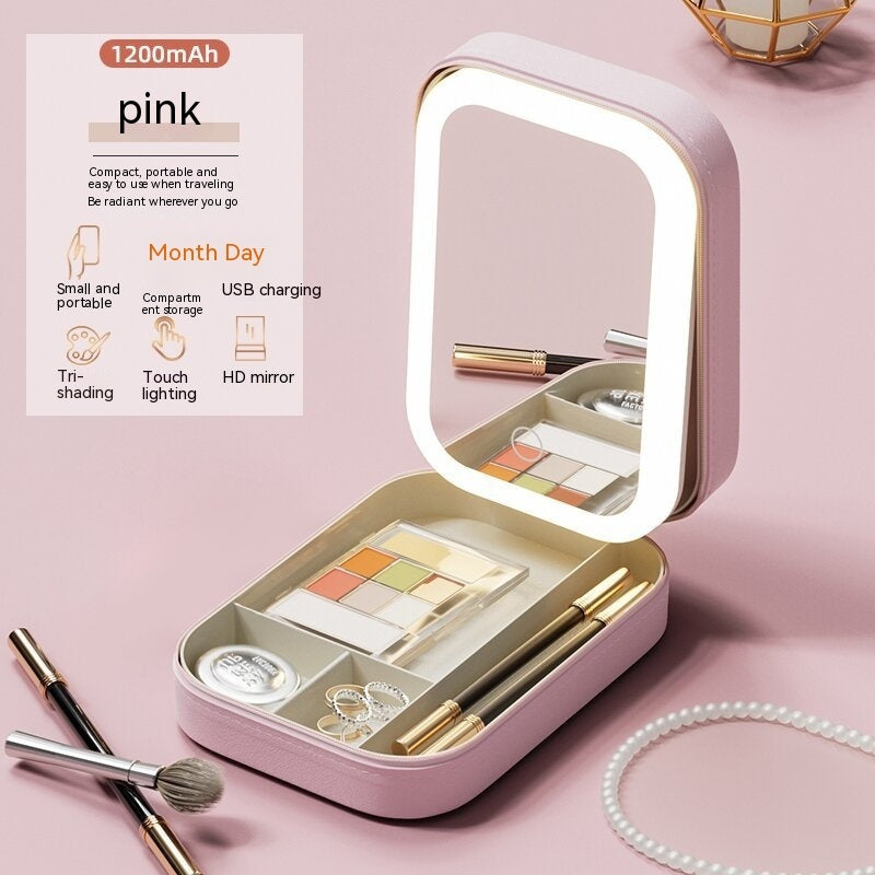 LED Makeup Storage Organizer with Mirror – Portable Travel Cosmetics Box with Touch Light