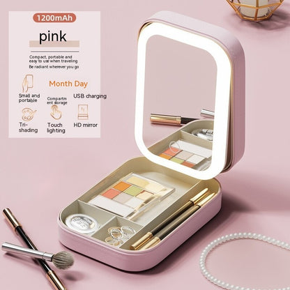 LED Makeup Storage Organizer with Mirror – Portable Travel Cosmetics Box with Touch Light
