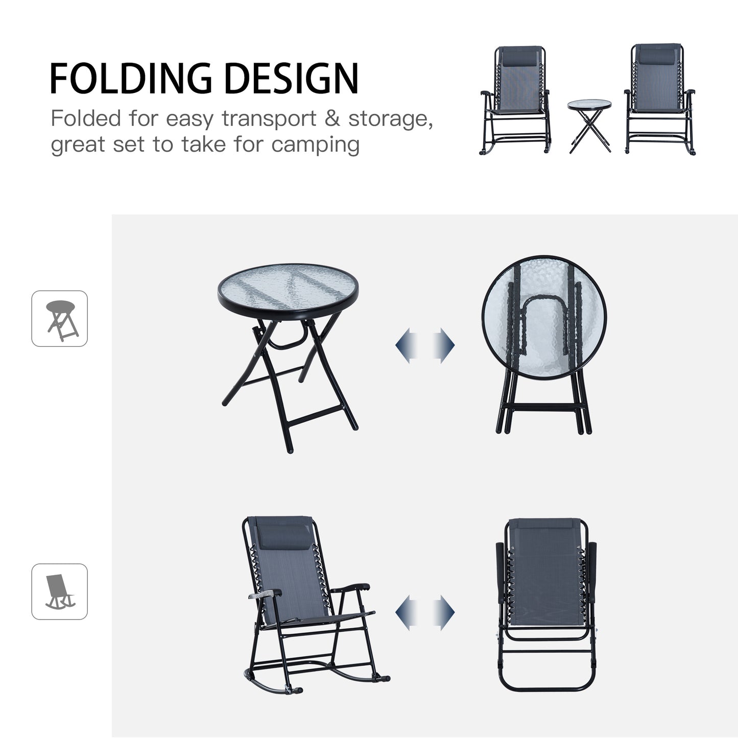 Outdoor Folding Rocking Chair Set - 2 Rocking Chairs with Armrests & Side Table - 3-Piece Patio Furniture - Gray