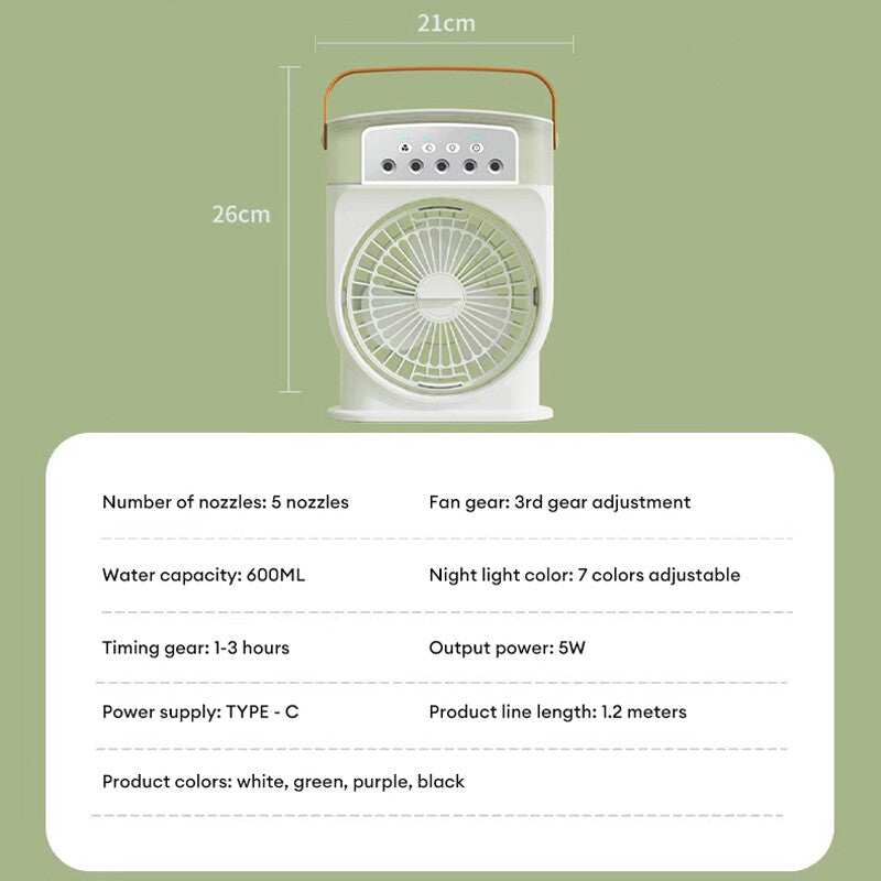 Ventilador portátil USB de 600 ml con enfriador de aire personal, pulverizador y luz LED de 7 colores.