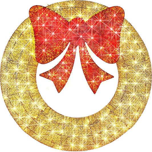 48In Pre-Lit Outdoor Christmas Wreath Decoration, LED Metal Holiday Decor for Home W/ 140 Lights, Bow - Gold/Red