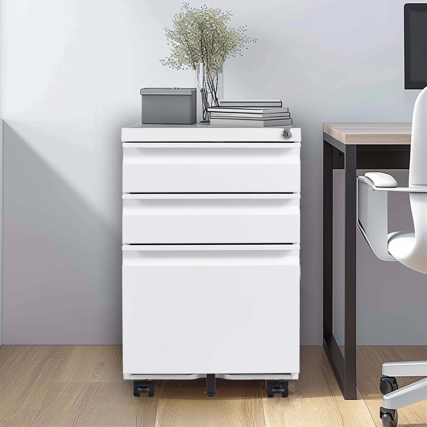 3-Drawer Mobile File Cabinet with Lock - Metal Filing Cabinet for Home Office
